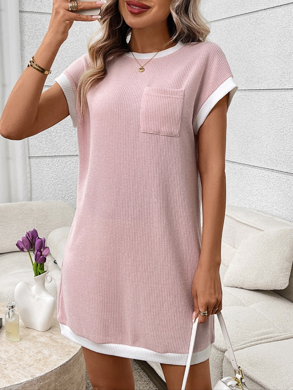Simple Charm Ribbed Pocket Dress - Pink